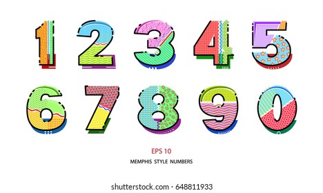 Geometric numbers design.  Memphis style. Template for your design works. Vector illustration.