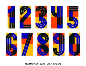 Geometric numbers set, vector digits, retro 90s style trendy numerals made with geometry elements, lined stripy design.