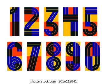 Geometric Numbers Set, Vector Digits, Retro 90s Style Trendy Numerals Made With Geometry Elements, Lined Stripy Design.