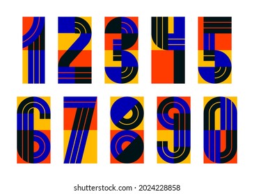 Geometric numbers set, vector digits, retro 90s style trendy numerals made with geometry elements, lined stripy design.