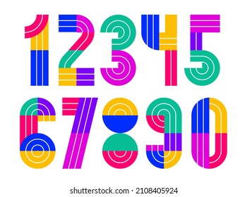 Geometric numbers set, vector digits, retro 90s style trendy numerals made with geometry elements, lined stripy design.