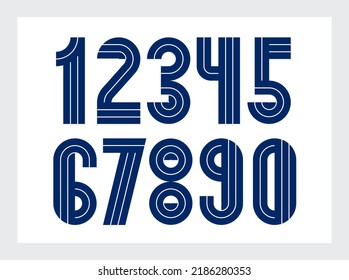 Geometric numbers set, vector digits, retro 90s style trendy numerals made with geometry elements, lined stripy design.