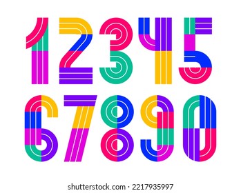 Geometric numbers set, vector digits, retro 90s style trendy numerals made with geometry elements, lined stripy design.