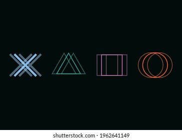 A geometric object button icon. Circle, triangle, square, cross. Background. Game button. Joystick