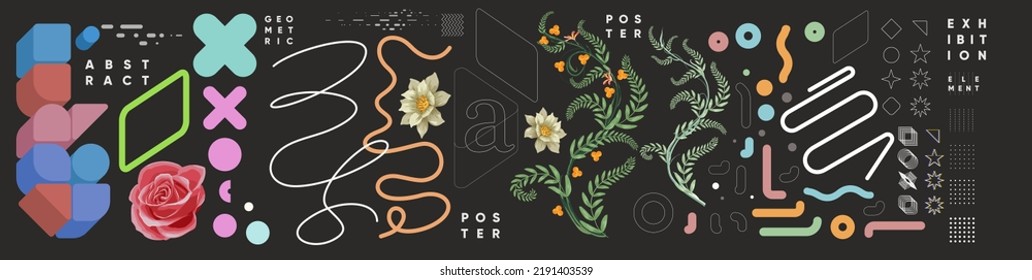 Geometric objects, tropical plants.  Set of elements for design. Creative vector illustration. Bauhaus style and floral elements. 