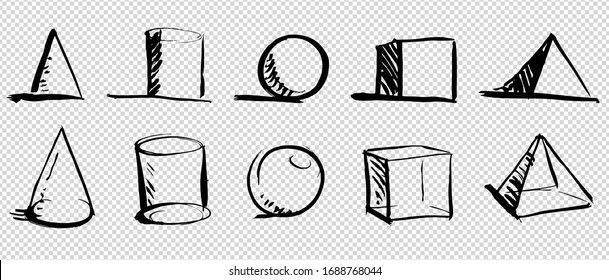 Geometric Objects Of Various Shapes Cube, Ball, Pyramid, Cone, Cylinder Drawn From Textured Strokes Thick Paint Isolated On Imitation Transparent Background