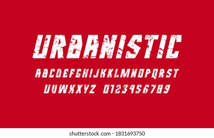 Geometric oblique sans serif font. Letters and numbers with rough texture for logo and emblem design. White print on red background