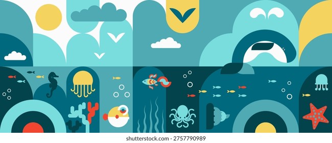 Geometric ocean scene with marine animals and underwater life. Flat illustration with fish, whale, octopus, jellyfish and coral in modern abstract style, suitable for backgrounds and design projects