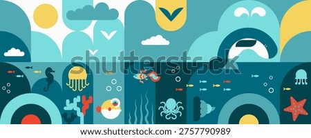 Geometric ocean scene with marine animals and underwater life. Flat illustration with fish, whale, octopus, jellyfish and coral in modern abstract style, suitable for backgrounds and design projects