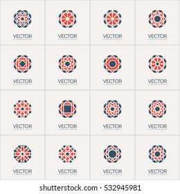 Geometric octagonal logo template set. Vector mosaic arabic ornamental symbols