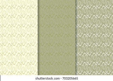 Geometric olive green collection of vertical seamless patterns for wallpapers and textile. Vector illustration