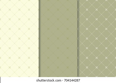 Geometric olive green collection of vertical seamless patterns for wallpapers and textile. Vector illustration