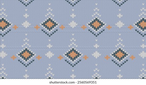 Geometric on blue knitted pattern, Festive Sweater Design. Seamless Knitted Pattern