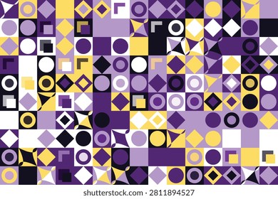 Geometric op pattern with purple, yellow, and black interlocking shapes opart diamonds circles