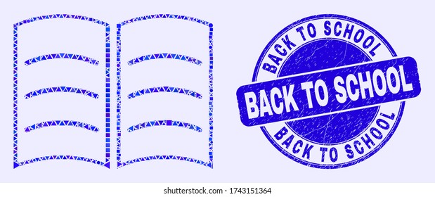 Geometric open book mosaic icon and Back to School stamp. Blue vector rounded grunge stamp with Back to School text. Abstract mosaic of open book constructed of round, tringle, square geometric spots.