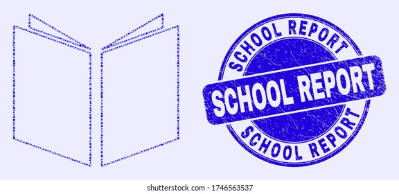 Geometric open book mosaic icon and School Report seal stamp. Blue vector rounded textured seal stamp with School Report phrase. Abstract mosaic of open book composed of circle, tringle,