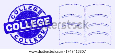 Geometric open book mosaic icon and College seal stamp. Blue vector rounded scratched seal stamp with College text. Abstract collage of open book created of spheric, tringle,