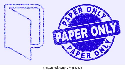 Geometric open folder mosaic pictogram and Paper Only seal stamp. Blue vector round textured stamp with Paper Only text. Abstract composition of open folder done of round, tringle,