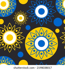 Geometric openwork flowers sunflowers blue and yellow on a black background. Seamless modern pattern. Vector.