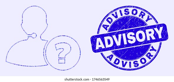 Geometric operator information mosaic icon and Advisory watermark. Blue vector round textured stamp with Advisory caption. Abstract mosaic of operator information done of round, triangles,