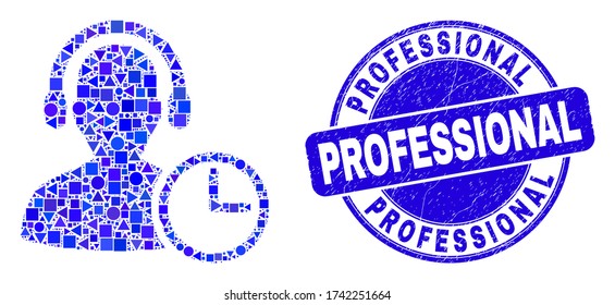 Geometric operator time mosaic icon and Professional stamp. Blue vector round grunge seal stamp with Professional message. Abstract composition of operator time done of round, triangles,