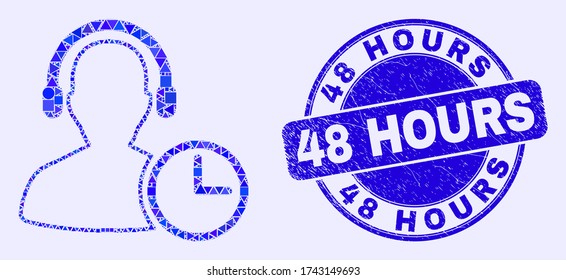 Geometric operator time mosaic pictogram and 48 Hours stamp. Blue vector round textured stamp with 48 Hours text. Abstract mosaic of operator time composed of circle, tringle,