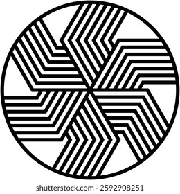 Geometric optical art with hexagon shape black line stripes, circular artwork creating a dynamic and eye-catching design.