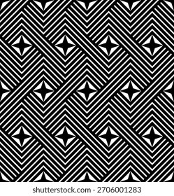 Geometric Optical Black and White Seamless Pattern with Star Motifs for Textile, Wallpaper, and Modern Graphic Design