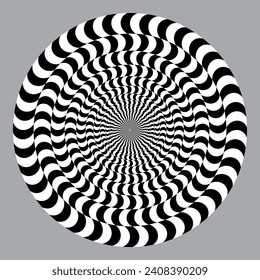 Geometric optical illusion concept. White and black psychedelic circle pattern.