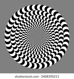 Geometric optical illusion concept. White and black psychedelic circle pattern.