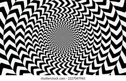 Diseño de ilusión óptica geométrica. Patrón psicodélico del círculo. Fondo de arte blanco y negro.