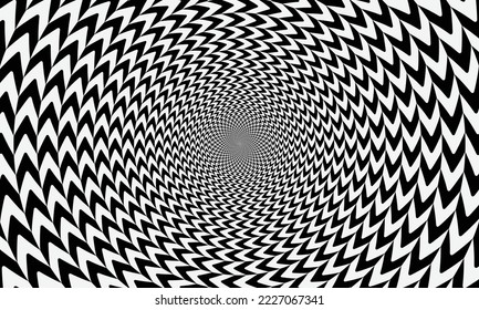 Geometric optical illusion design. Circle psychedelic pattern. White and black art background.