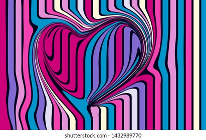 Geometric optical illusion. Multicolored striped heart. Vector illustration