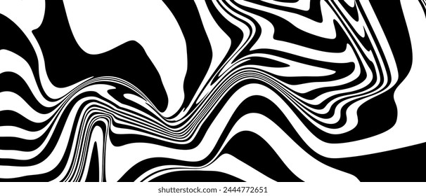 Geometric Optical Psychedelic Art with Black, White Colors. Background Abstract Line Striped Twist. Swirl Hypnotic Pattern for Celebration, Ads, Branding, Banner, Cover, Label, Poster.