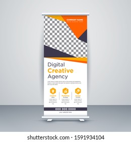 Geometric Orange Abstract Shapes Modern Exhibition Advertising Trend Business Roll Up Banner Stand Poster Brochure flat design template creative concept. Presentation. Cover Publication.