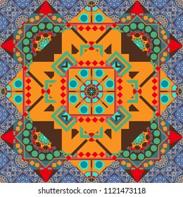 Geometric orange, blue and pink flat seamless pattern.