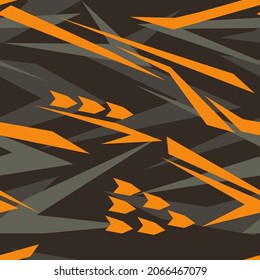 Geometric orange camouflage seamless pattern with mesh elements. Abstract modern camouflage texture background. Template for printing sports vinyl wrap. Vector illustration			