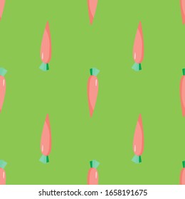 Geometric orange carrot seamless pattern on green background. Botanical wallpaper. Design for fabric, textile print, wrapping paper, kitchen textiles. Modern vector illustration