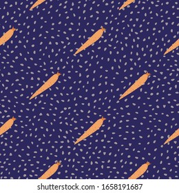 Geometric orange carrot seamless pattern on dots background. Vegetarian healthy food backdrop. Design for fabric, textile print, wrapping paper, kitchen textiles. Modern vector illustration