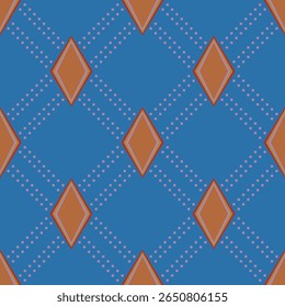 Geometric orange diamond shape with pixel on blue background. Abstract geometric ethnic pattern. Concept of modern, motifs, vintage, design for wrapping paper, textiles, wallpaper, decoration, floor.