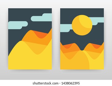 Geometric orange landscape with sun and mountains business design for annual report, brochure, flyer, poster. Landscape background vector illustration leaflet, poster. Abstract A4 brochure template.