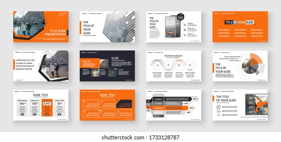 Geometric Orange Presentation Element Templates. Vector infographics. For use in Presentation, Flyer and Leaflet, SEO, Marketing, Webinar Landing Page Template, Website Design, Banner.