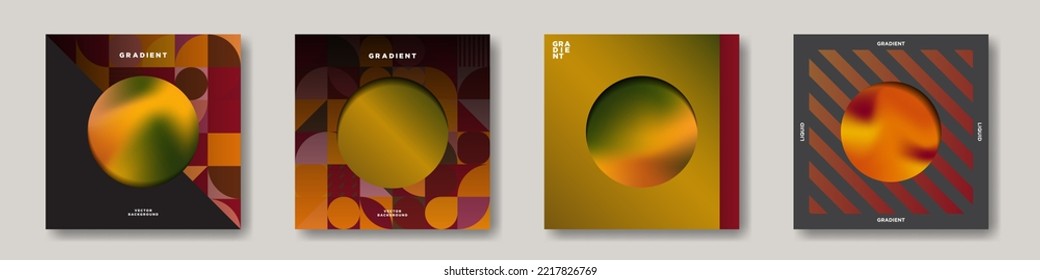 Plantillas de carteles de carteles de carteles de carteles de carteles de tarjetas geométricas de color naranja y gradiente rojo. Afiches cuadrados estéticos de gradiente anaranjado líquido con formas y elementos geométricos. Ilustración vectorial.