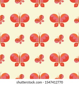 Geometric orange retro butterfly vector pattern design. Abstract pink insect for Textile Fabric. Nature wildlife vintage swatch. 