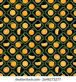 Geometric orange seamless pattern. Vector stylish orange fruits in rhombus grid print. Contemporary orange and leaves repeat pattern.