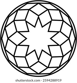 Geometric orb pattern, striking contrast of star burst center against structured diamond grid within stark black and white color palette.