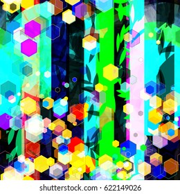 Geometric and organic elements. Colorful texture with hexagons, vertical stripes, stylized leaves. Abstract seamless background for fabric, wrapping, home decor.