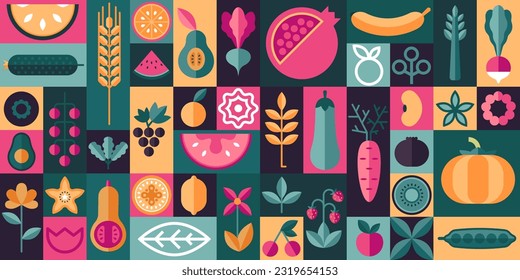 Geometric organic food. Nature abstraction background with farm fresh food and vegetables, eco restaurant menu brochure design. Vector illustration of organic food scandinavian, agriculture geometric