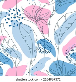 Geometric organic shapes, one line continuous tropical leaf, flower in minimal style. Botanical leaves abstract seamless pattern for summer prints, cover, wallpaper, story background. Vector art