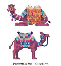 Geometric oriental camels with decorated saddles in different poses. Arabic camel lying down and standing clip art perfect for animation.